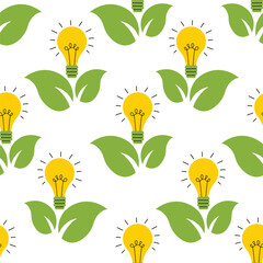 Eco friendly seamless pattern featuring light bulb symbol and fresh green leaves. Simple flat cartoon style creates a natural feel ideal for eco energy concepts, nature design and renewable graphics.