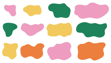 Set of colorful uneven blob stains with soft organic curves and liquid smear look. Smooth abstract shapes in bright cartoon flat style perfect for backgrounds, stickers, layout accents and design.