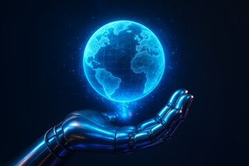 Robotic hand holding a blue globe. The globe is surrounded by a blue light, giving it a futuristic and technological appearance