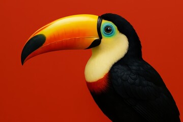 Fototapeta premium Black and yellow bird with a blue eye stands on a red background. The bird's beak is pointed and its eyes are open