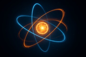 Glowing, colorful, and abstract representation of an atom. The bright colors and swirling patterns give the impression of energy and movement