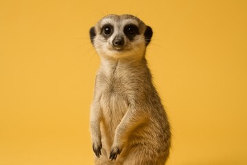 Fototapeta premium Cute little animal with a big nose and big eyes stands on a yellow background. The animal is a meerkat, and it looks happy and curious