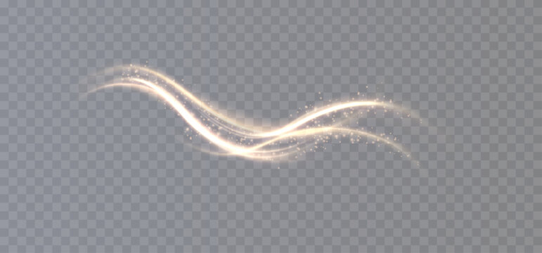 Golden light line on transparent background with smooth movement and glowing edges with gold particles and fairy dust for holiday, Christmas designs.