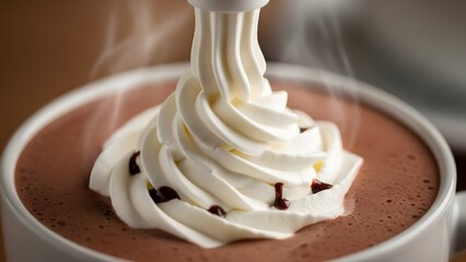 Steaming hot chocolate topped with freshly whipped cream and chocolate drizzle in mug