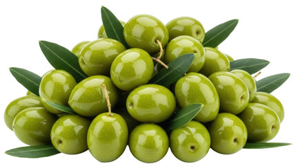 Pile of green olives with leaves isolated PNG, fresh and juicy fruits on transparent background for healthy eating and Mediterranean cuisine