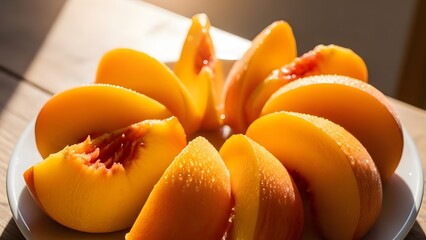 Fresh sliced peaches arranged on a white plate in warm sunlight