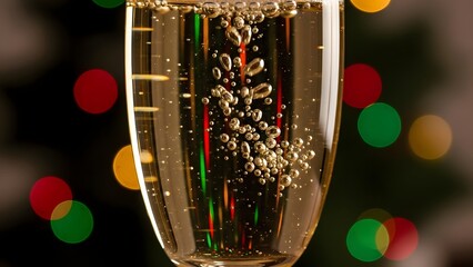 Close up of champagne bubbles rising in a flute glass with festive bokeh lights in the background