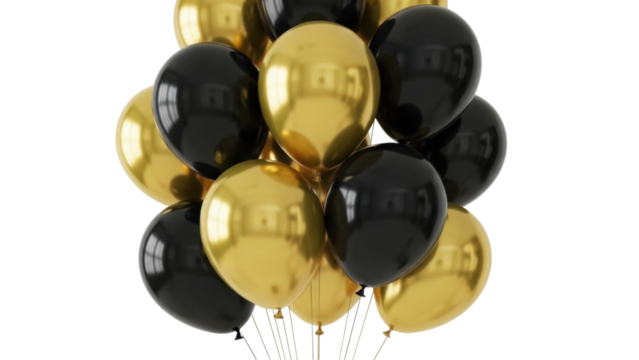 Bunch of black and gold balloons isolated PNG, party decoration for birthday celebration and festive events on transparent background - Powered by Adobe