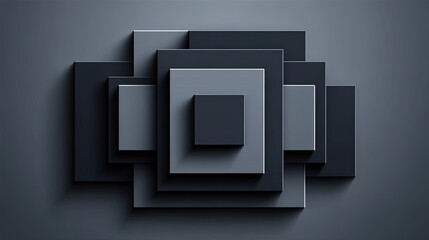 Layered geometric shapes create abstract depth and shadow on a dark background.