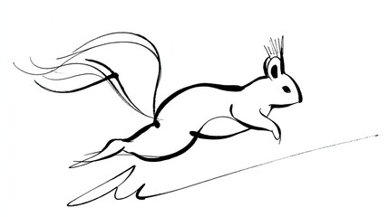 Minimalist ink drawing depicts a stylized squirrel mid-leap across a white background.