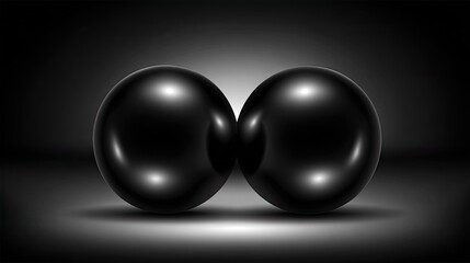 Two glossy black spheres sit together on a dark surface.