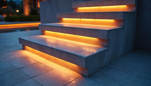 Concrete stairs are lit with warm yellow LED lights. Steps are made of stone, concrete, with modern minimalist design. Night lighting creates safe, inviting pathway. Outdoor architectural detail.