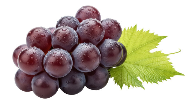 Fresh dark grapes with water droplets and green leaf isolated PNG, juicy fruit for healthy eating and summer dessert - Powered by Adobe