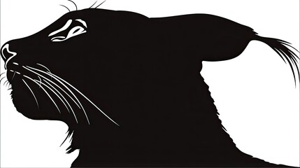 Stylized black silhouette profile of a feline head with prominent ear tufts against a white background