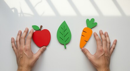 Male hands arranging apple, leaf and carrot icons, healthy lifestyle concept