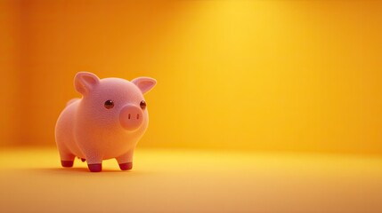 Charming three dimensional representation of a small, stylized pig standing on a warm colored surface