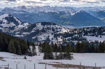 Winter Landscape of Lake and Mountain.  Swiss Alps, Rigi Kulm, Lucerne, Switzerland.