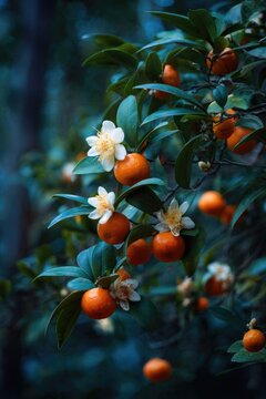 Close-up of mandarin tree laden with ripe fruit and delicate white blossoms, lush foliage