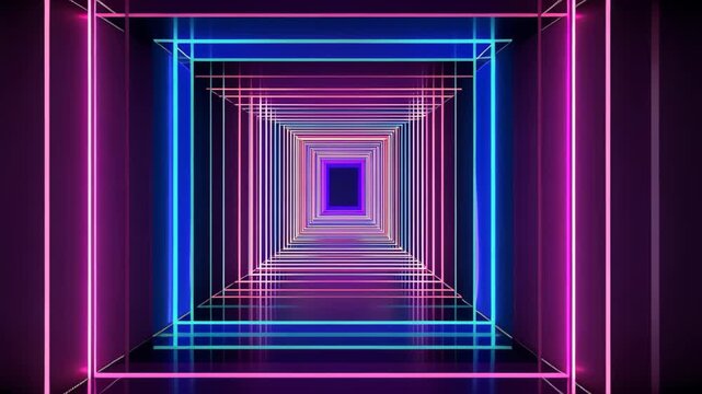 Geometric Harmony: A vibrant, neon-lit corridor extends into the distance, its mirrored surfaces reflecting an interplay of colors and shapes, creating a sense of infinite depth.