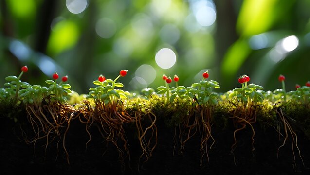 Tiny green plants with vibrant red berries grow on mossy terrain, exposing intricate roots against a soft bokeh light filled background. - Powered by Adobe