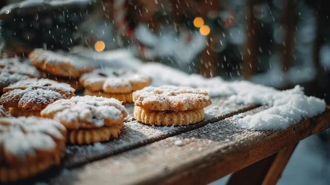 Winter cookies christmas baking outdoor dessert snowy scene powdered sugar dusting rustic wooden table festive holiday treat warm bokeh lights cold weather snack seasonal food photography delicious ba