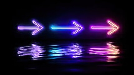 Neon arrows glow with vibrant colors against a dark, reflective background.