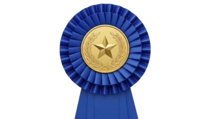 Blue rosette award with gold star isolated PNG, prize ribbon for recognition and achievement on transparent background