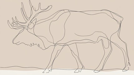 Minimalist continuous line drawing depicts a large male deer with branching antlers walking