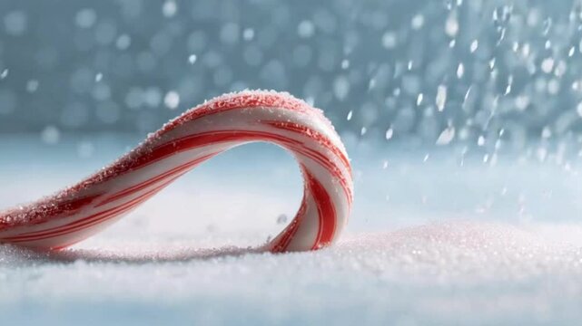Candy cane hook resting in white sugar snow with falling flakes festive holiday sweet treat background christmas peppermint flavor close up detail winter seasonal decoration concept