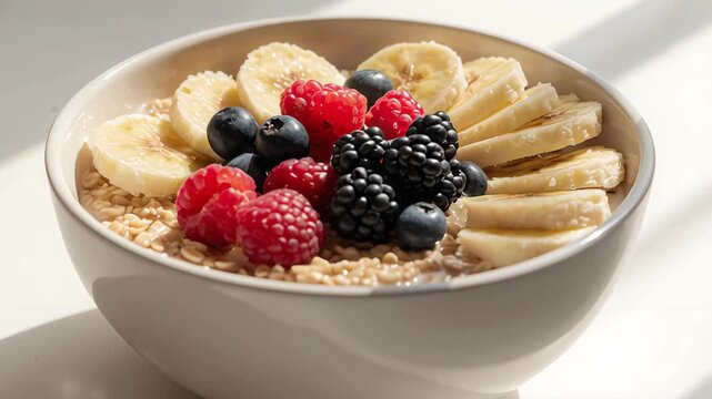 Cereal or oatmeal bowl with banana, blueberry, blackberry, and raspberry fruit topping in a bright sunlit kitchen. Healthy breakfast concept.