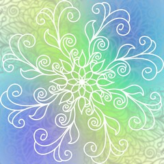 Intricate white floral swirl mandala with fine lines on a soft blue-green gradient background, concept of harmony and ornamental design