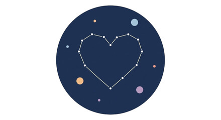 Heart shaped constellation. Hand drawn illustration of love and space stars in blue circle isolated on transparent background 