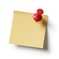 Close-up view of a yellow sticky note, pinned with a red thumbtack, on white