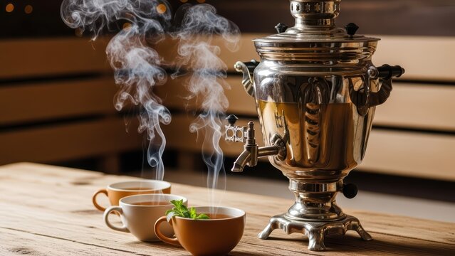 Traditional samovar with steaming teacups on wooden table indoors