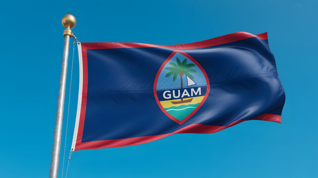 Guam flag flying against a vibrant blue sky: official guam territorial emblem showcase