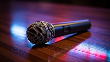 Obraz premium Microphone on wooden surface with vibrant reflections
