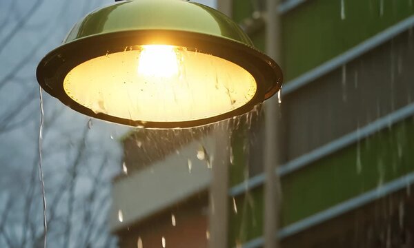 Rainy City Glow, Wet Streetlights Cast Reflective Warmth, Illuminate Nocturnal Rain Scenes With Shimmering Reflections, Nighttime Rain Enhances Urban Lighting Creating Reflective Moody Atmosphere