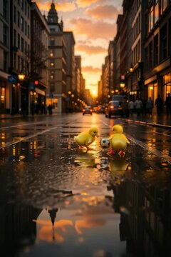 Un pollito amarillo patinando sobre un charco en una calle iluminada por el atardecer.
