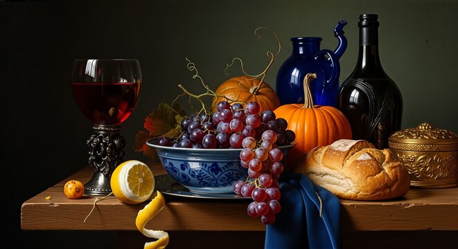Classic still life with wine grapes pumpkin and bread on a rustic wooden table.