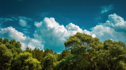 Obraz premium Lush Green Trees Under a Bright Blue Sky with Fluffy Clouds - A Perfect Spring Landscape