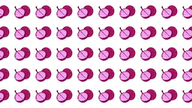 Repeating pattern of stylized pink plums on white suitable for packaging design, textiles, stationery, wallpaper, and kitchenware graphics.