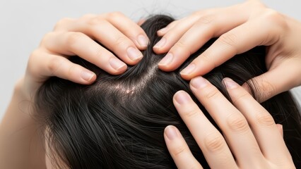 Young asian female examines scalp for skin condition with hands