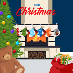 Illustration of a Christmas room with a Christmas tree, fireplace, and bag of presents. Festive mood.