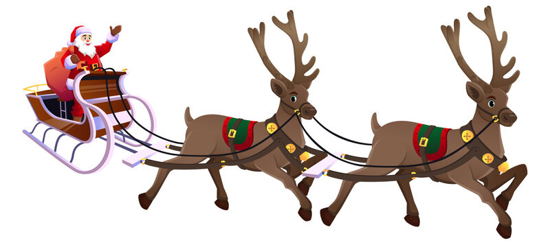 Illustration of Santa in a sleigh pulled by two reindeer isolated on a white background. Santa waves at us with a smile on his face.