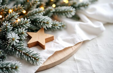 Decorated Christmas tree branch with fairy lights and a wooden star ornament on a white fabric background