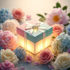 Glowing gift box surrounded by pastel flowers creating a romantic surprise concept, elegant celebration decoration with soft light and magical atmosphere