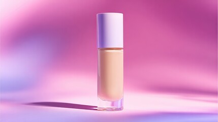 Tube of makeup with beige liquid, cap, in front of a pink-purple background