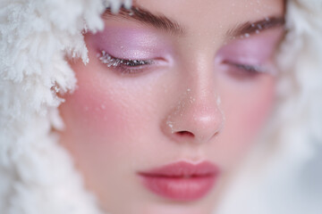 Close up portrait of a serene woman with icy pastel makeup, surrounded by soft textures, evoking a tranquil winter atmosphere with a dreamy aesthetic