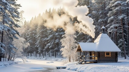 Cozy snow-covered cabin with smoking chimney in peaceful winter forest scene