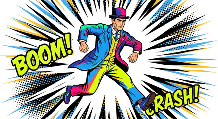 Comic book style man running with explosion and sound effects boom and crash
